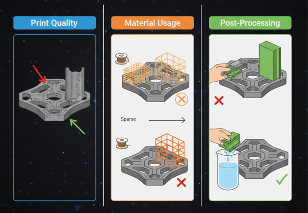 Impact of Supports on Print Quality, Material Usage, and Post-Processing